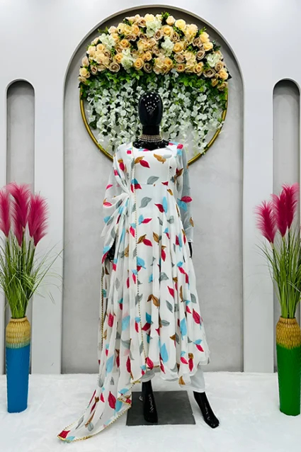Marvelous White Anarkali Suit In Colorful Leafy Prints With Dupatta