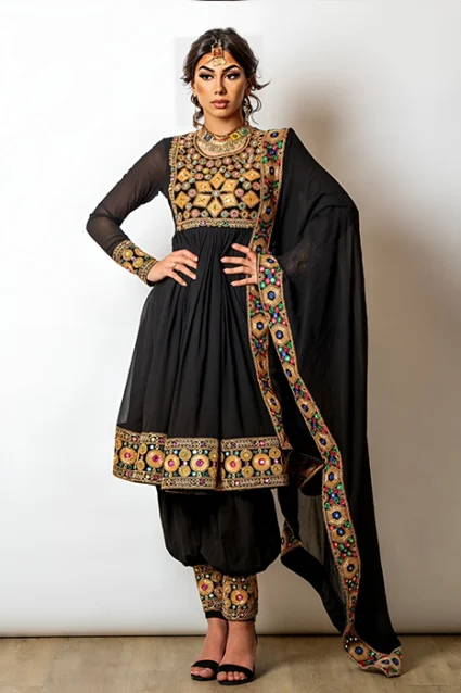 Partywear Anarkali Suit In Black With Dhoti Style Pant And Dupatta Partywear Anarkali Suit In Black With Dhoti Style Pant And Dupatta
