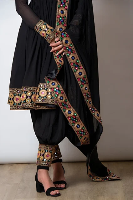 Partywear Anarkali Suit In Black With Dhoti Style Pant And Dupatta Partywear Anarkali Suit In Black With Dhoti Style Pant And Dupatta