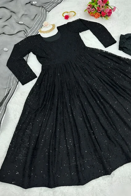 Partywear Black Anarkali Suit In Chikankari Work