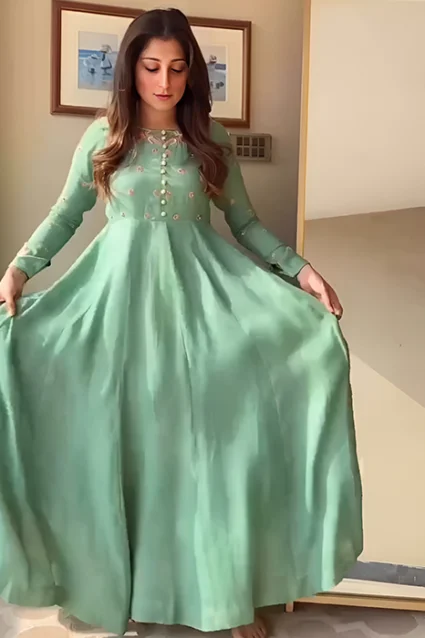 Pista Green Anarkali Suit In Muslin Cotton For Summers