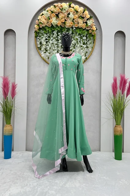 Pista Green Anarkali Suit In Muslin Cotton For Summers