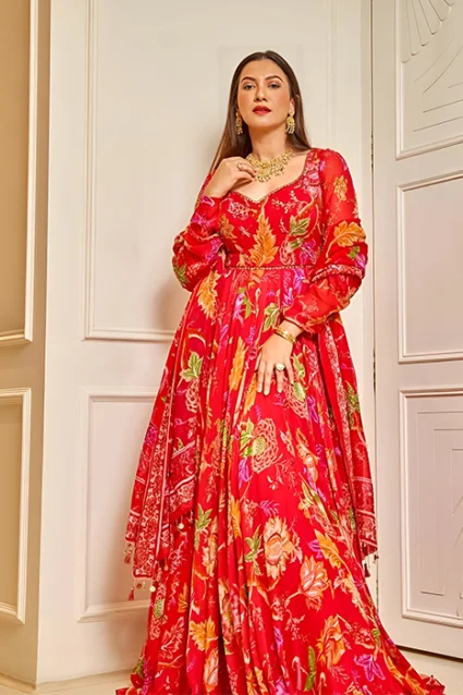 Ready To Wear Flower Printed Anarkali Gown In Chiffon Base