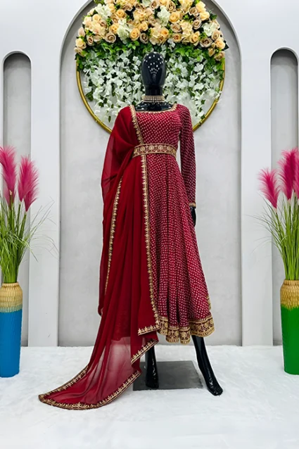 Red Long Anarkali Suit Dupatta Set With Beautiful Embroidery Work Red Long Anarkali Suit Dupatta Set With Beautiful Embroidery Work