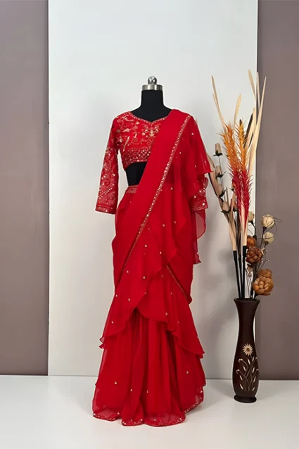 Red Ruffled Lehenga Saree For Wedding Reception