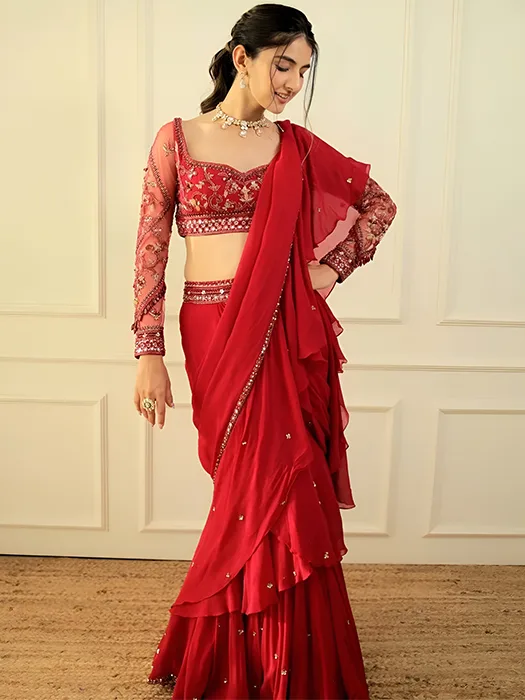 173027: Red and Maroon, Gold color family Saree with matching unstitched  blouse.