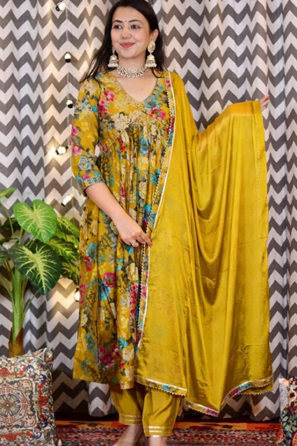 Satin Silk Mustard Yellow Floral Printed Suit Satin Silk Mustard Yellow Floral Printed Suit