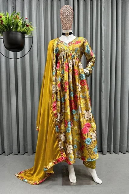 Satin Silk Mustard Yellow Floral Printed Suit Satin Silk Mustard Yellow Floral Printed Suit