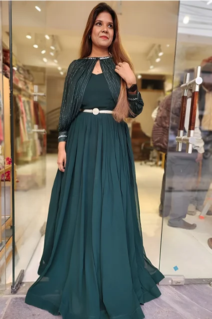 Shop Fancy Partywear Evening Gown In Blue Georgette