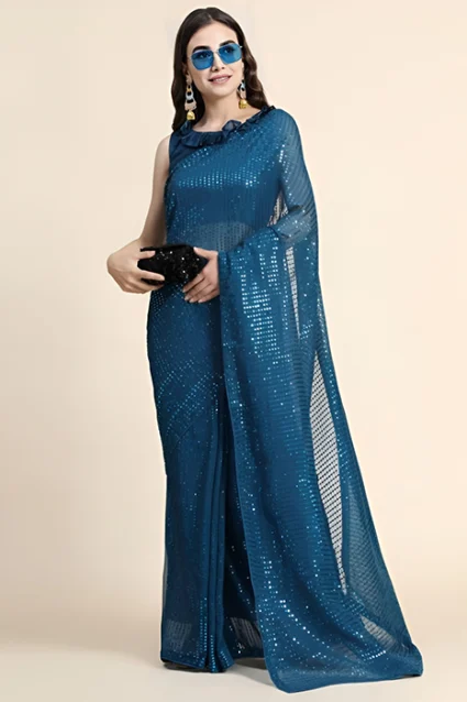 Shop Latest Farewell Ready Navy Blue Sequence Saree