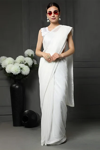 Shop Latest Farewell Ready Off White Sequence Saree