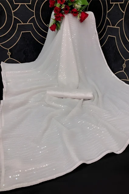 Shop Latest Farewell Ready Off White Sequence Saree