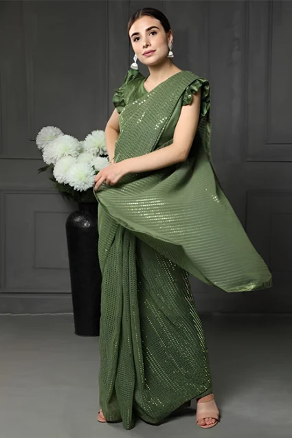 Shop Latest Farewell Ready Pista Sequence Saree