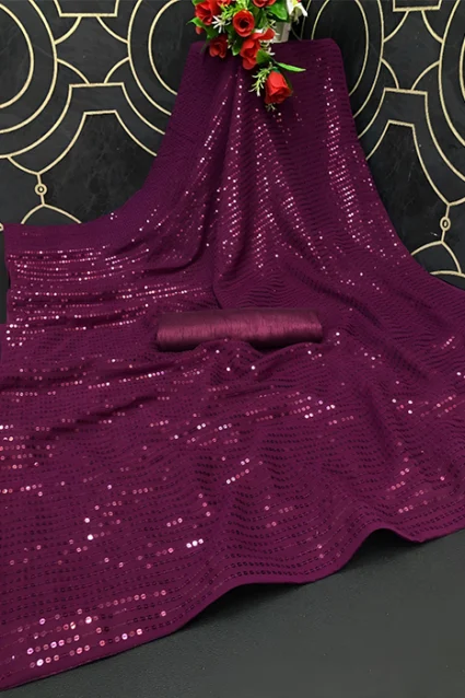 Shop Latest Farewell Ready Wine Sequence Saree