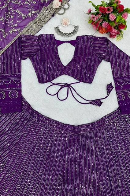 Violet Lehenga With V Neck Choli And Floral Jaal Dupatta