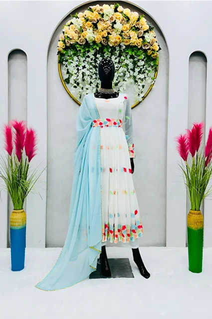White Partywear Anarkali Suit With Waist Belt 2023 White Partywear Anarkali Suit With Waist Belt 2023