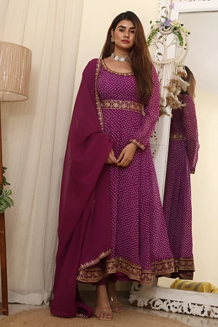Wine Polka Dot Anarkali Suit With An Embroidered Belt