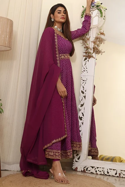 Wine Polka Dot Anarkali Suit With An Embroidered Belt