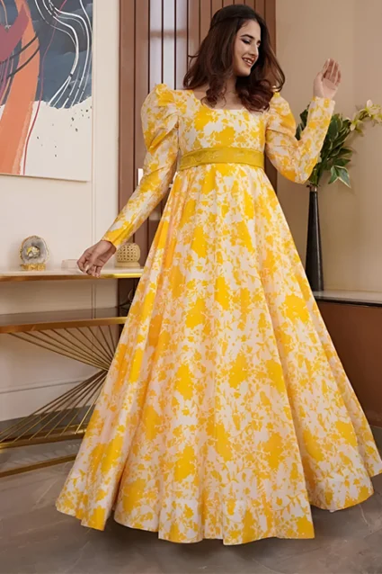 Yellow Flower Print Work Long Gown With Puffed Sleeves For Haldi