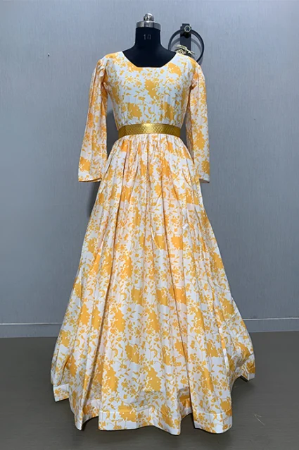 Yellow Flower Print Work Long Gown With Puffed Sleeves For Haldi