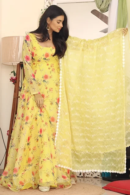 Yellow Ruffled Long Gown With Dupatta For Haldi Ceremony
