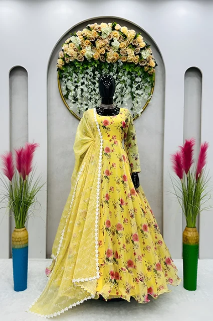 Yellow Ruffled Long Gown With Dupatta For Haldi Ceremony