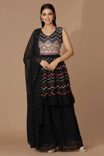 Black Frock Style Sharara Dress With Beautiful Mirror Work Black Frock Style Sharara Dress With Beautiful Mirror Work
