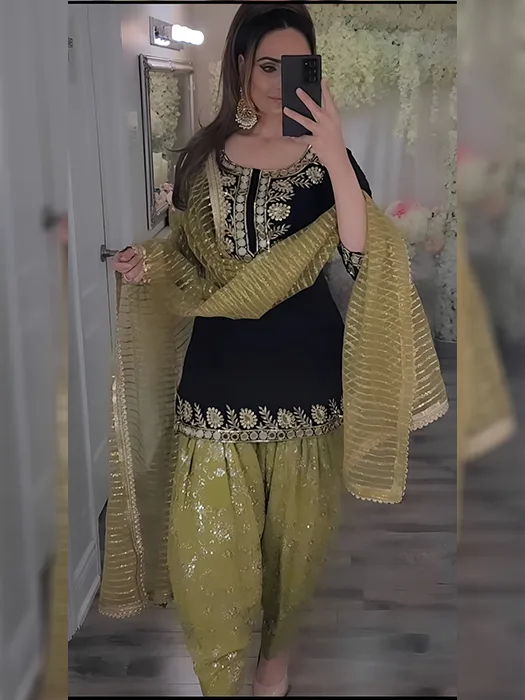 Golden Black Cotton Punjabi Suit with faux chiffon dupatta M0342 -  muteyaar.com