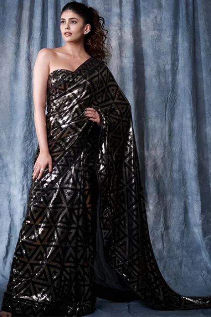 Bollywood Sanjana Sanghi Style Black Sequence Saree For Farewell Party