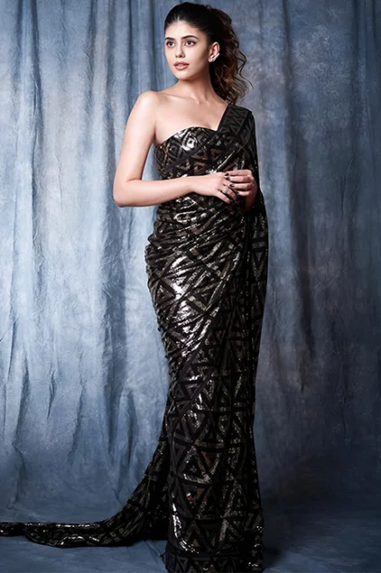 Bollywood Sanjana Sanghi Style Black Sequence Saree For Farewell Party