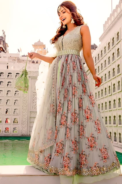Buy Gleaming Partywear Evening Gown With Fancy Kamar Belt