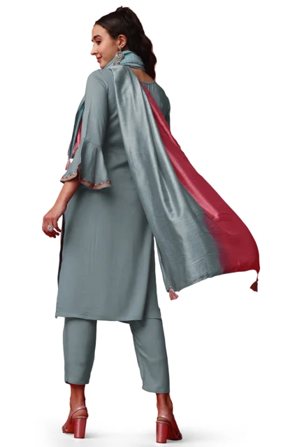 Buy Latest Readymade Rayon Slub Flared Sleeves Kurti With Chanderi Cotton Blend Dupatta
