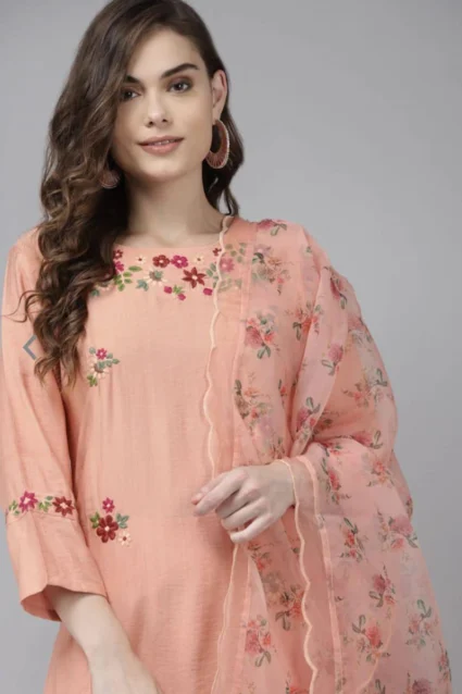 Buy Peach Kurta Set With Dupatta For Girls