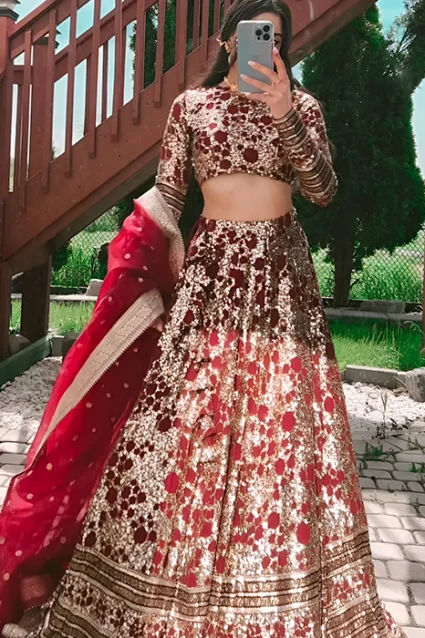 Heavily Sequenced Red Ghagra Choli With Dupatta For Wedding