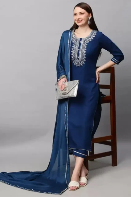 Indian Embroidered Kurti Set In Royal Blue