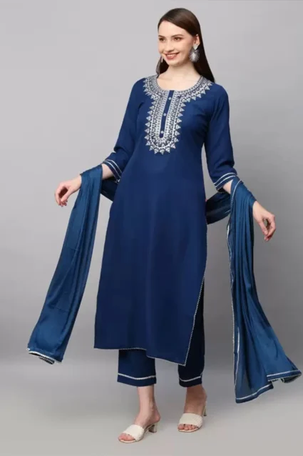 Indian Embroidered Kurti Set In Royal Blue