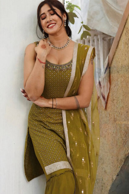 Latest Mehendi Color Sharara Suit Designed in 2023 Latest Mehendi Color Sharara Suit Designed in 2023