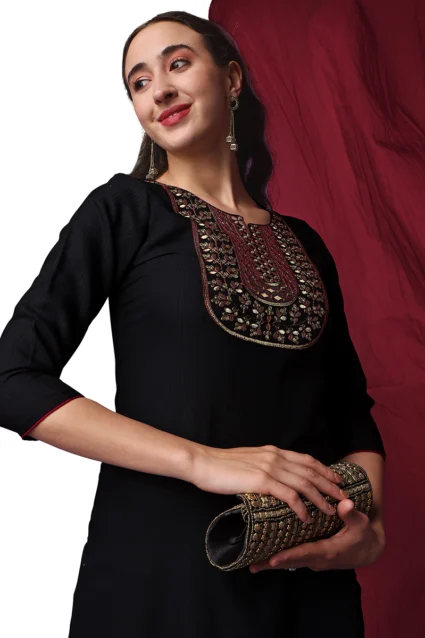 Latest Partywear Black Kurta Pant Set For Women With Organza Dupatta