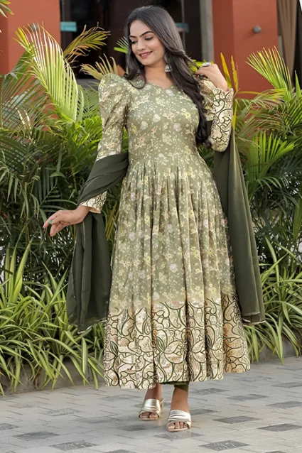 Mehendi Special Frock Suit For Women With Puff Sleeves Mehendi Special Frock Suit For Women With Puff Sleeves