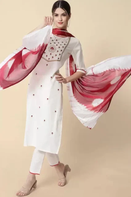 Off-White Kurta Pant Set With Tie And Dye Dupatta