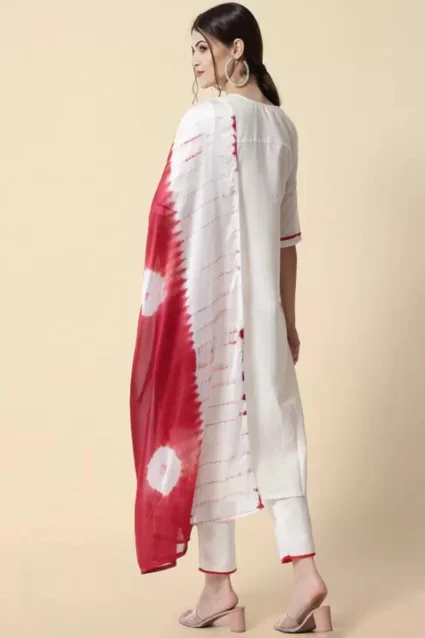 Off-White Kurta Pant Set With Tie And Dye Dupatta