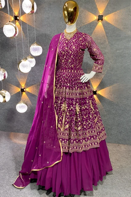 Plain Purple Lehenga With Stunning Embroidered Tunic Top 2023