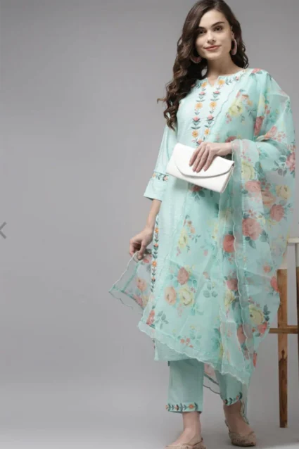 Sea Green Kurta Set With Dupatta In Floral Embroidery For Summers