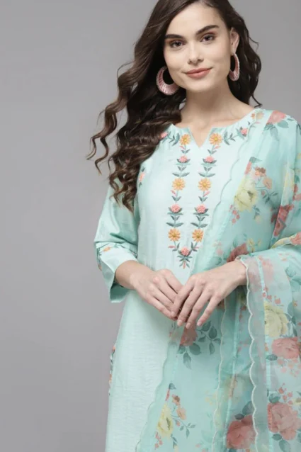 Sea Green Kurta Set With Dupatta In Floral Embroidery For Summers