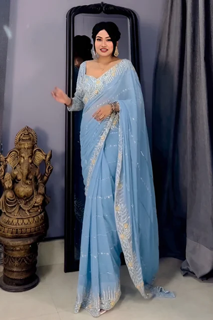 Sensational Blue Saree With Embroidered Cutwork And Piping