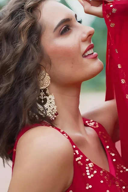 Shop Long Retro Indian Evening Gown In Red With Dupatta