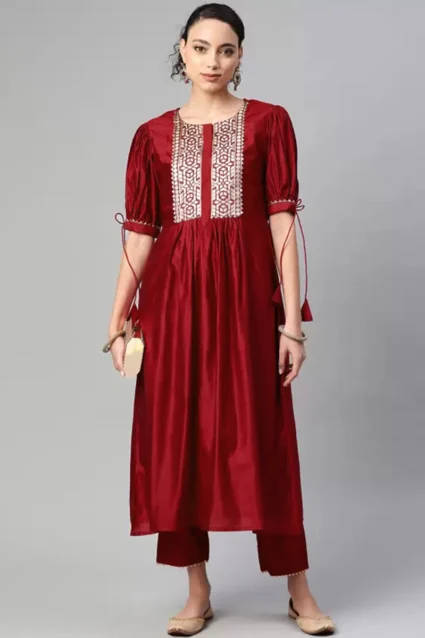 Shop Red Long Kurta Pant Set For Girls