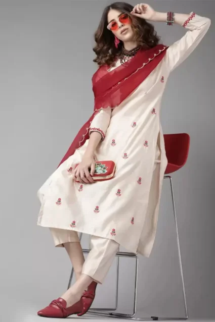 Stunning Off-White Embroidered Kurta Set In Cotton Blend