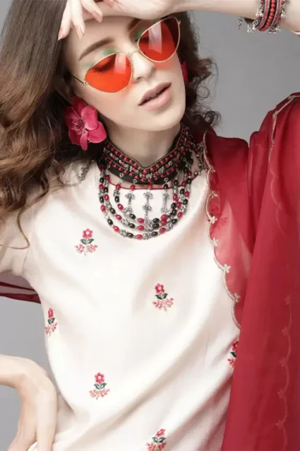 Stunning Off-White Embroidered Kurta Set In Cotton Blend