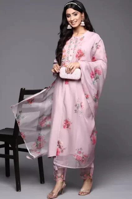 Trendy Light Pink Partywear Kurti Set For Summers